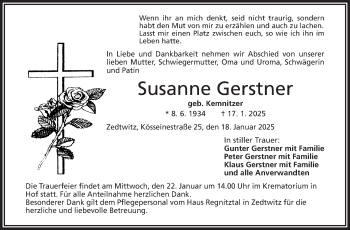 Traueranzeige von Susanne Gerstner von Frankenpost