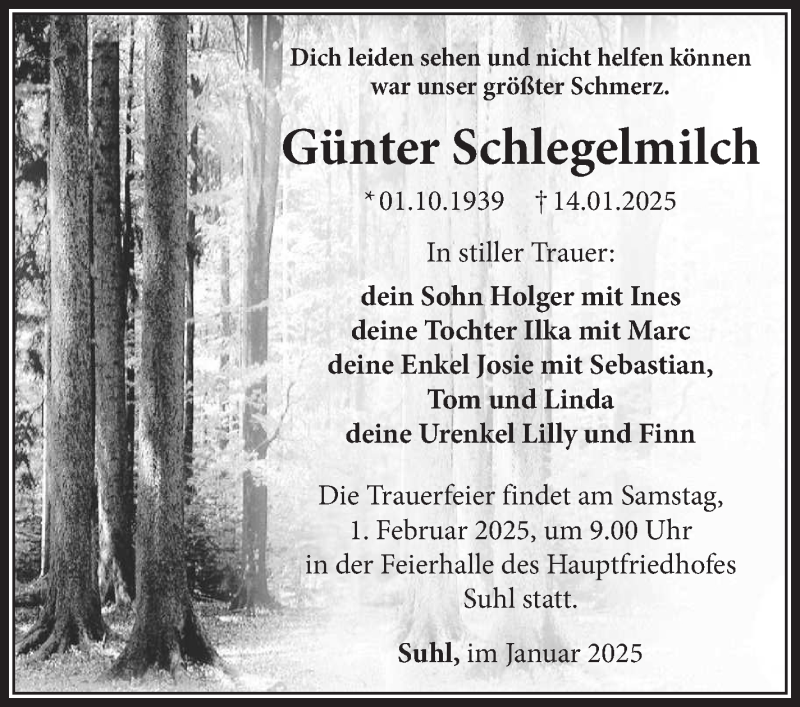  Traueranzeige für Günter Schlegelmilch vom 25.01.2025 aus Südthüringer Presse