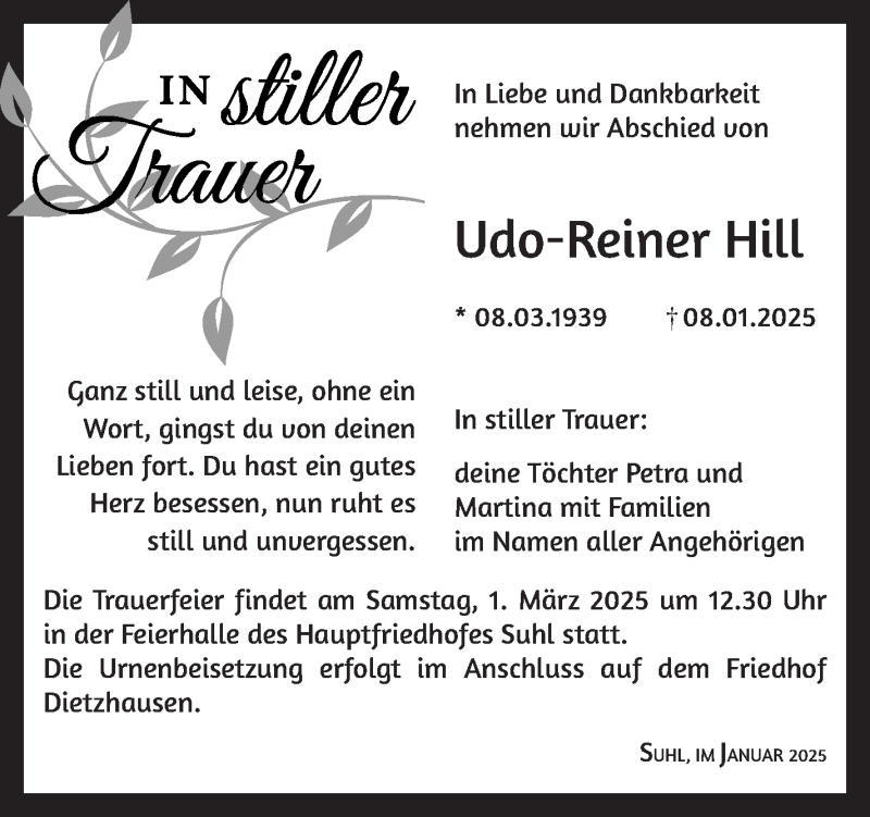  Traueranzeige für Udo-Reiner Hill vom 25.01.2025 aus Südthüringer Presse