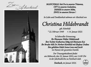 Traueranzeige von Christina Hildebrandt von Südthüringer Presse