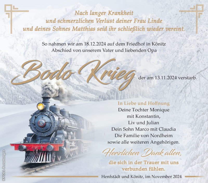  Traueranzeige für Bodo Krieg vom 11.01.2025 aus Südthüringer Presse