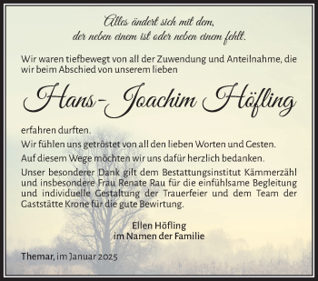 Traueranzeige von Hans-Joachim Höfling von Südthüringer Presse