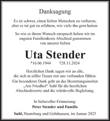 Traueranzeige von Uta Stender von Südthüringer Presse