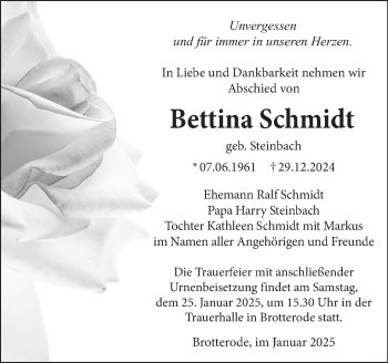 Traueranzeige von Bettina Schmidt von Südthüringer Presse