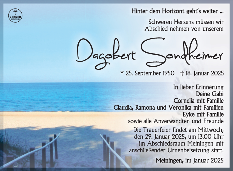  Traueranzeige für Dagobert Sondheimer vom 24.01.2025 aus Südthüringer Presse