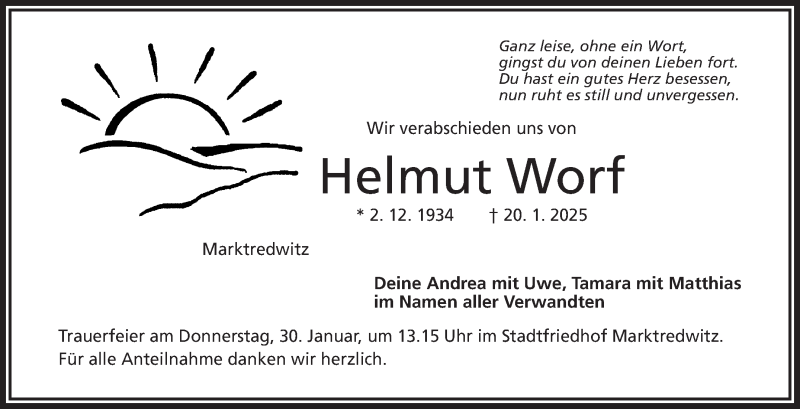  Traueranzeige für Helmut Worf vom 25.01.2025 aus Frankenpost