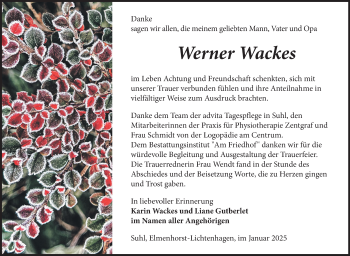 Traueranzeige von Werner Wackes von Südthüringer Presse