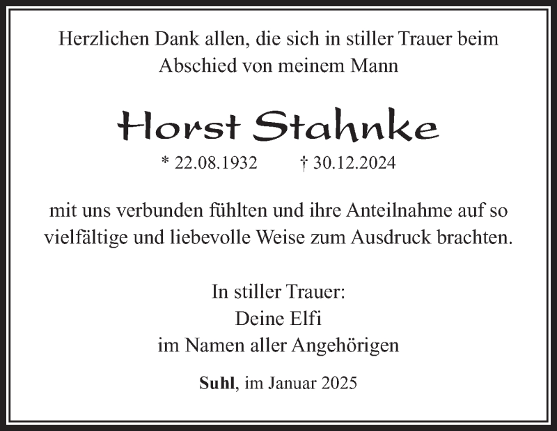  Traueranzeige für Horst Stahnke vom 25.01.2025 aus Südthüringer Presse