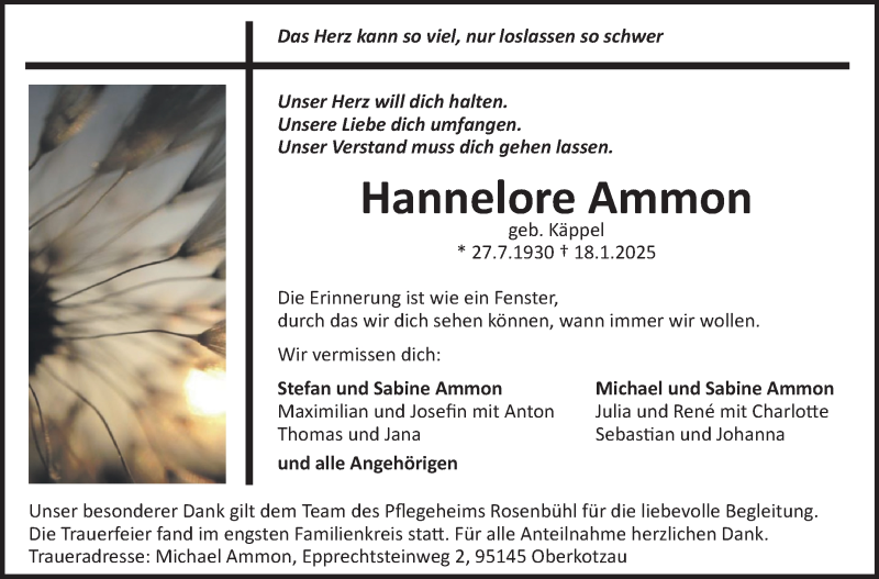  Traueranzeige für Hannelore Ammon vom 25.01.2025 aus Frankenpost