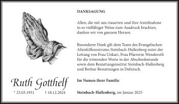 Traueranzeige von Ruth Gotthelf von Südthüringer Presse