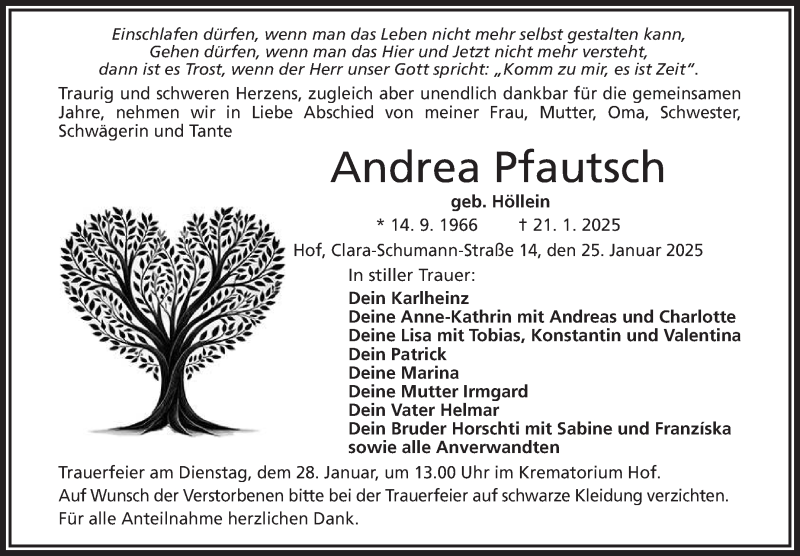  Traueranzeige für Andrea Pfautsch vom 25.01.2025 aus Frankenpost