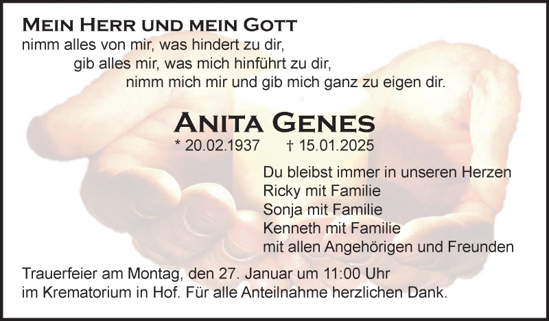  Traueranzeige für Anita Genes vom 18.01.2025 aus Frankenpost