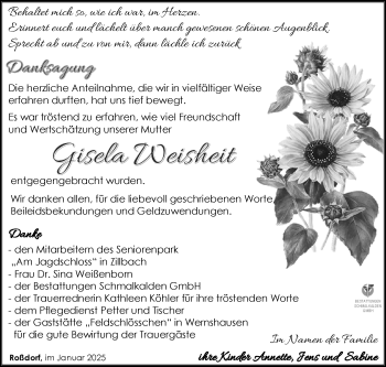 Traueranzeige von Gisela Weisheit von Südthüringer Presse