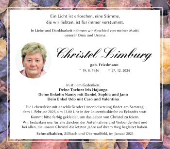 Traueranzeige von Christel Limburg von Südthüringer Presse