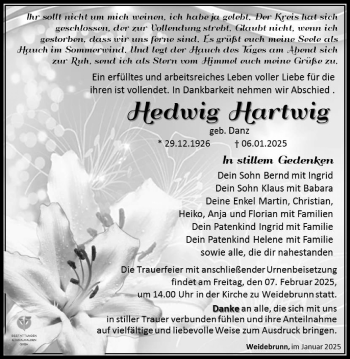 Traueranzeige von Hedwig Hartwig von Südthüringer Presse