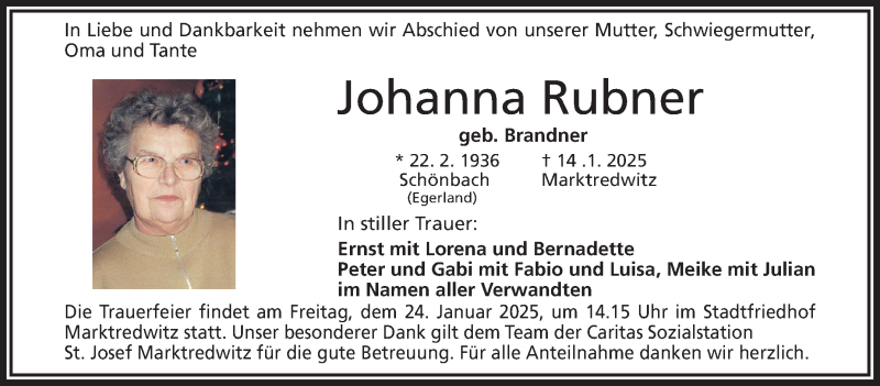  Traueranzeige für Johanna Rubner vom 18.01.2025 aus Frankenpost