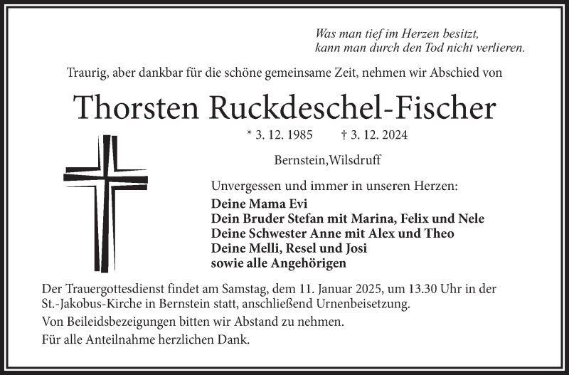  Traueranzeige für Thorsten Ruckdeschel-Fischer vom 09.01.2025 aus Frankenpost