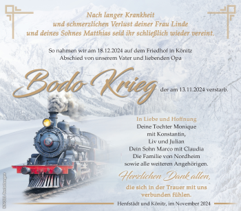 Traueranzeige von Bodo Krieg von Südthüringer Presse