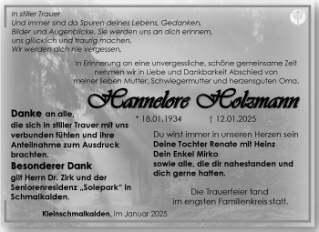 Traueranzeige von Hannelore Holzmann von Südthüringer Presse