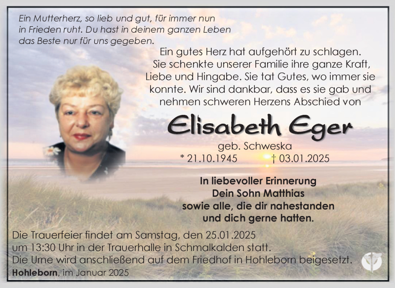  Traueranzeige für Elisabeth Eger vom 18.01.2025 aus Südthüringer Presse