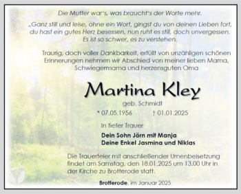 Traueranzeige von Martina Kley von Südthüringer Presse