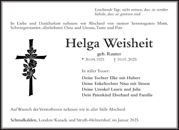 Traueranzeige von Helga Weisheit von Südthüringer Presse