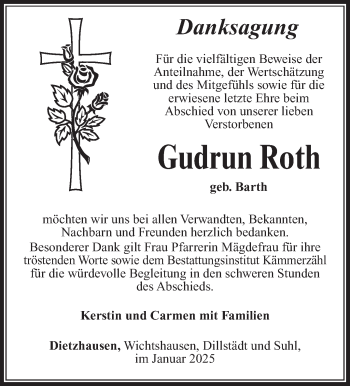 Traueranzeige von Gudrun Roth von Südthüringer Presse