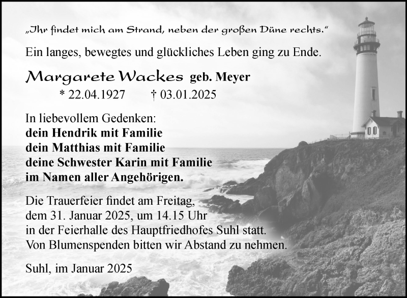  Traueranzeige für Margarete Wackes vom 25.01.2025 aus Südthüringer Presse