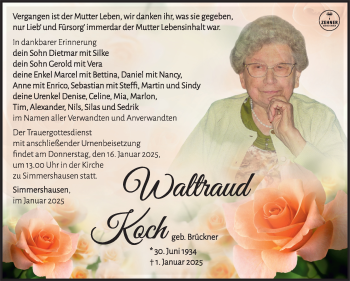 Traueranzeige von Waltraud Koch von Südthüringer Presse