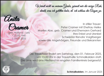 Traueranzeige von Anita Cramer von Südthüringer Presse