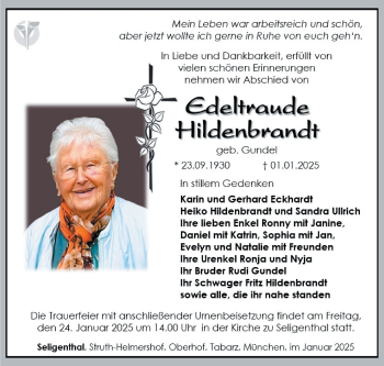 Traueranzeige von Edeltraude Hildenbrandt von Südthüringer Presse