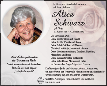 Traueranzeige von Alice Schwarz von Südthüringer Presse