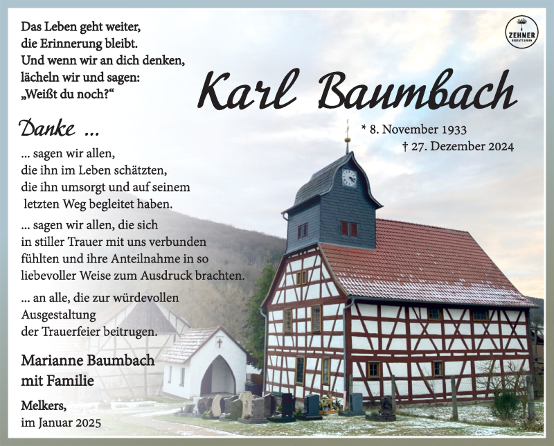  Traueranzeige für Karl Baumbach vom 18.01.2025 aus Südthüringer Presse