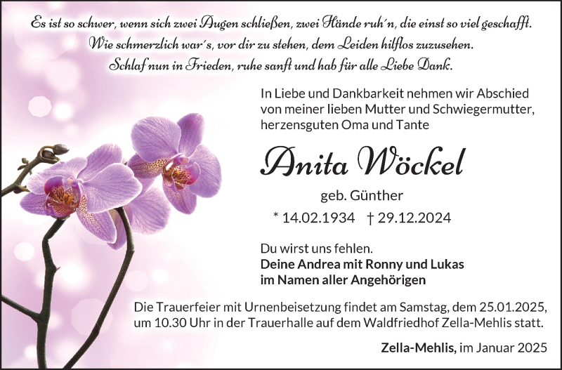  Traueranzeige für Anita Wöckel vom 11.01.2025 aus Südthüringer Presse