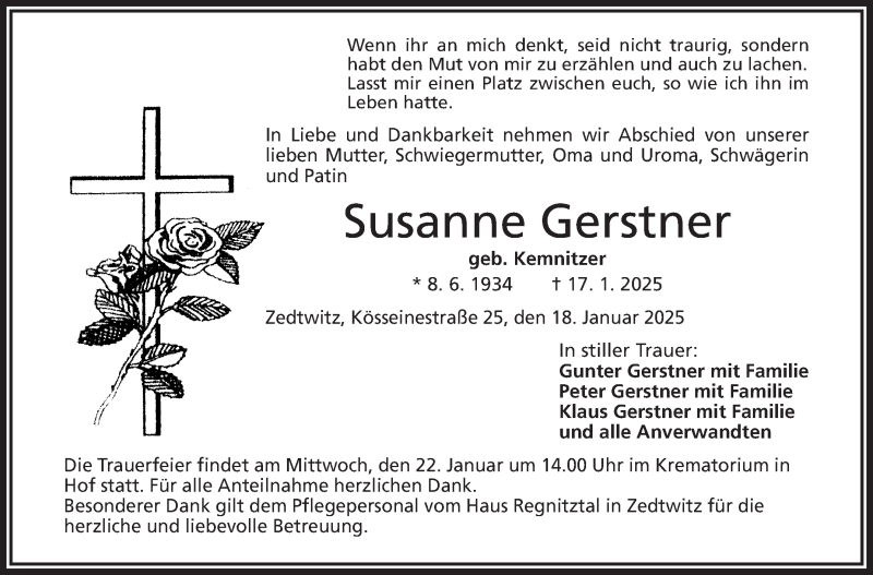  Traueranzeige für Susanne Gerstner vom 18.01.2025 aus Frankenpost