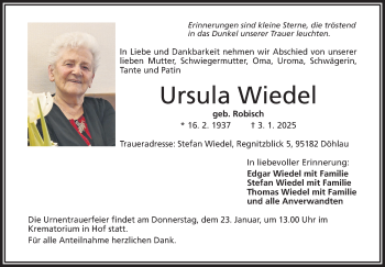 Traueranzeige von Ursula Wiedel von Frankenpost