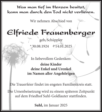 Traueranzeige von Elfriede Frauenberger von Südthüringer Presse