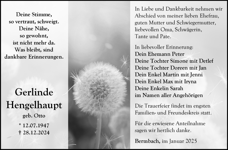  Traueranzeige für Gerlinde Hengelhaupt vom 18.01.2025 aus Südthüringer Presse