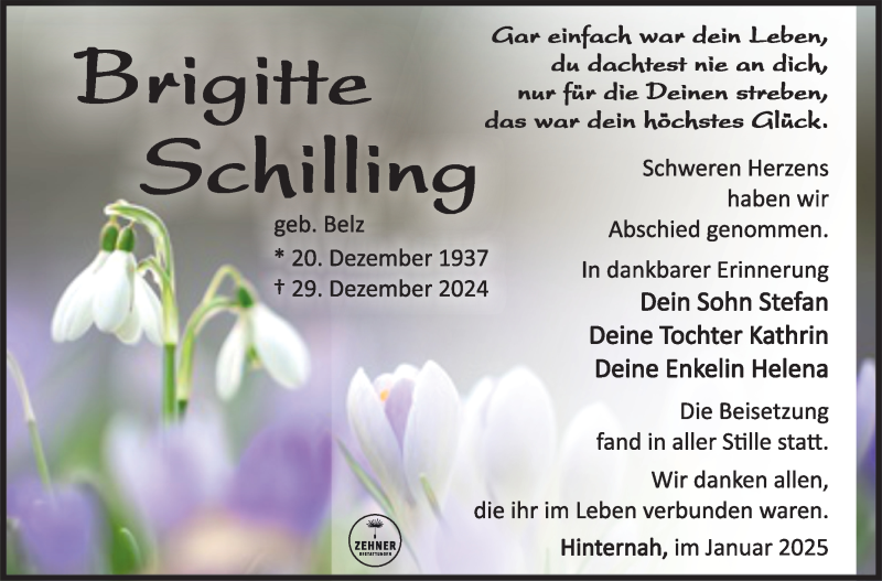  Traueranzeige für Brigitte Schilling vom 25.01.2025 aus Südthüringer Presse