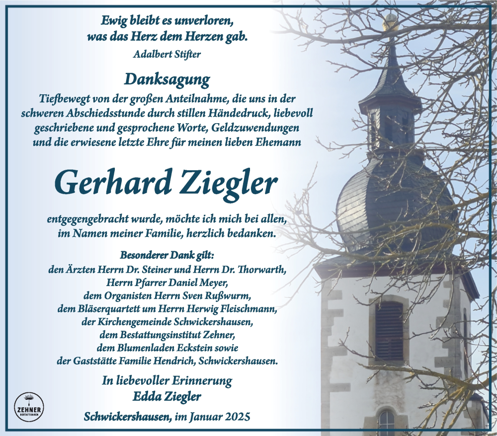  Traueranzeige für Gerhard Ziegler vom 31.01.2025 aus Südthüringer Presse