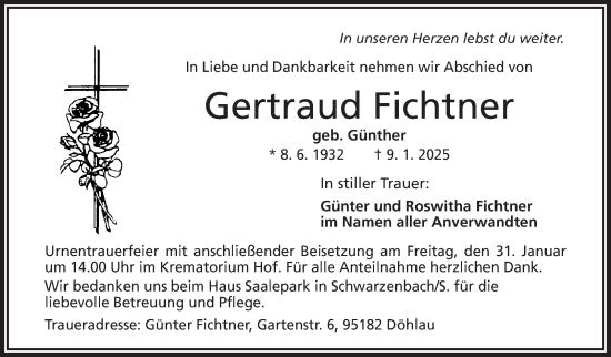 Traueranzeige von Gertraud Fichtner von Frankenpost