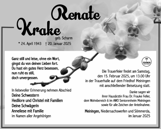 Traueranzeige von Renate Krake von Südthüringer Presse