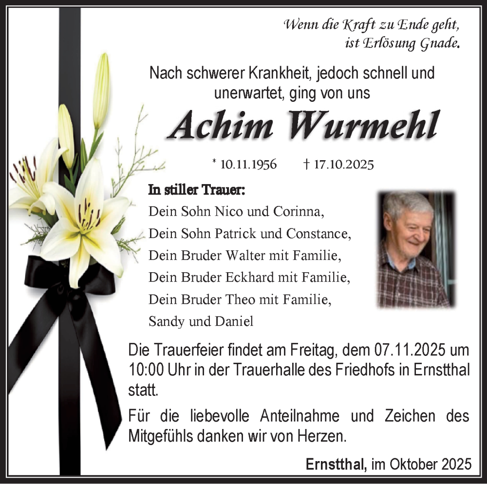  Traueranzeige für Achim Wurmehl vom 25.10.2025 aus Südthüringer Presse