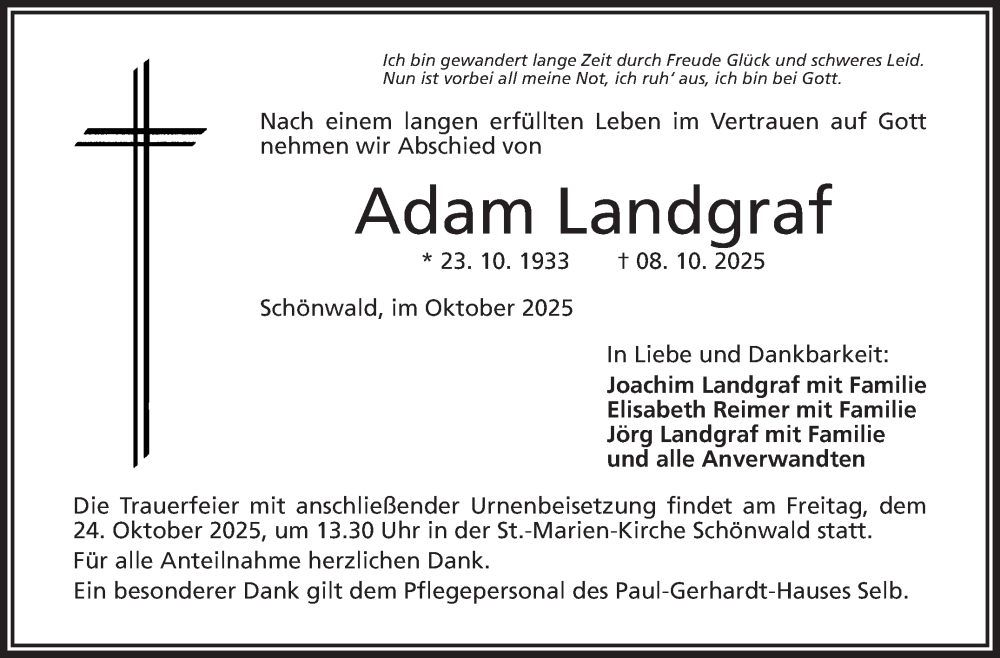  Traueranzeige für Adam Landgraf vom 18.10.2025 aus Frankenpost