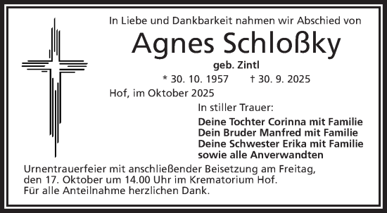 Traueranzeige von Agnes Schloßky von Frankenpost