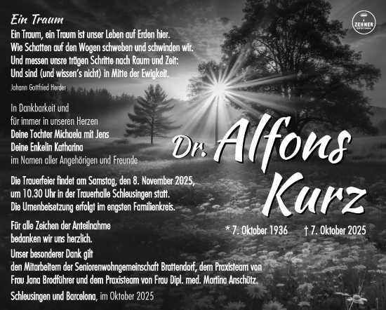 Traueranzeige von Alfons Kurz von Südthüringer Presse