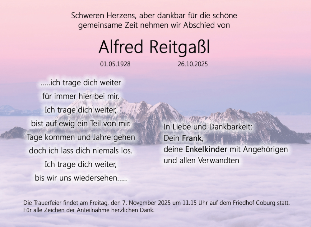  Traueranzeige für Alfred Reitgaßl vom 31.10.2025 aus Neue Presse Coburg