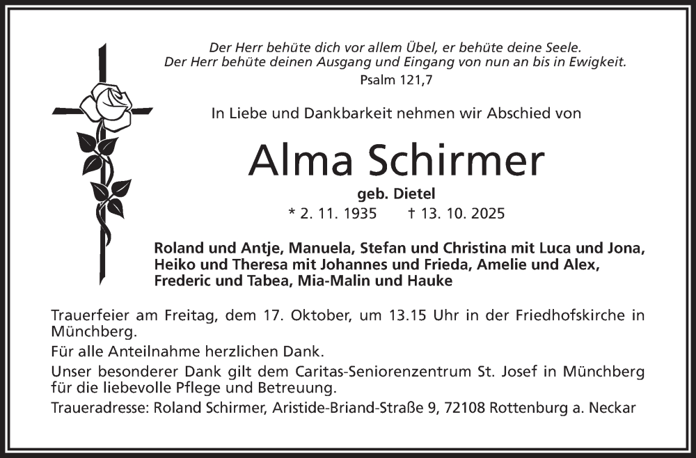  Traueranzeige für Alma Schirmer vom 16.10.2025 aus Frankenpost