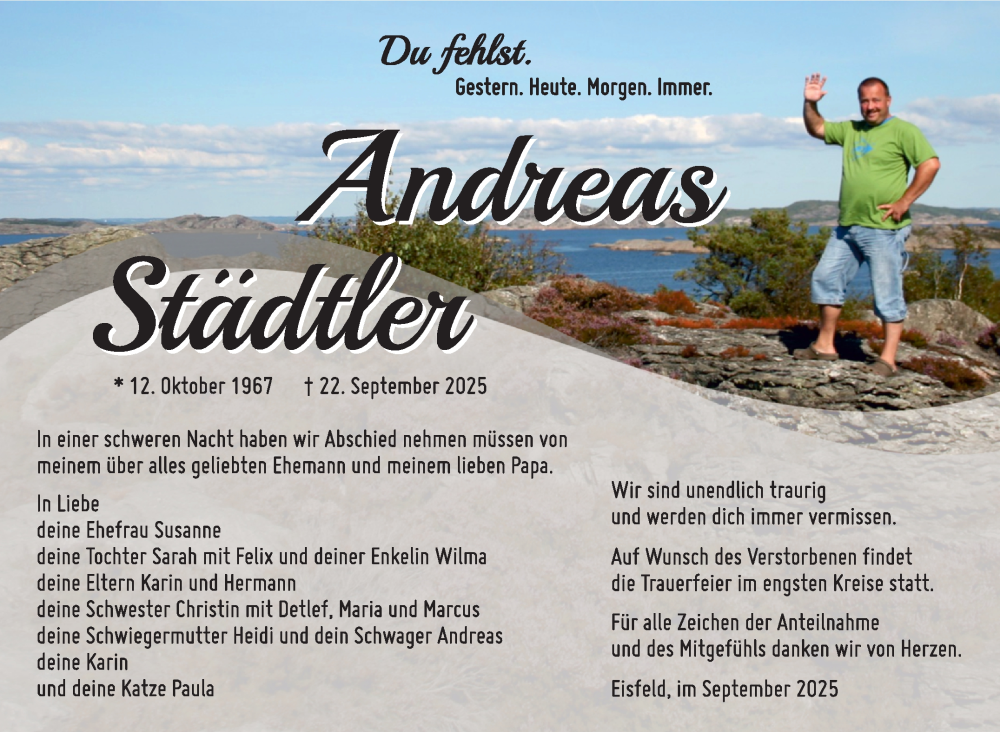  Traueranzeige für Andreas Städtler vom 04.10.2025 aus Südthüringer Presse