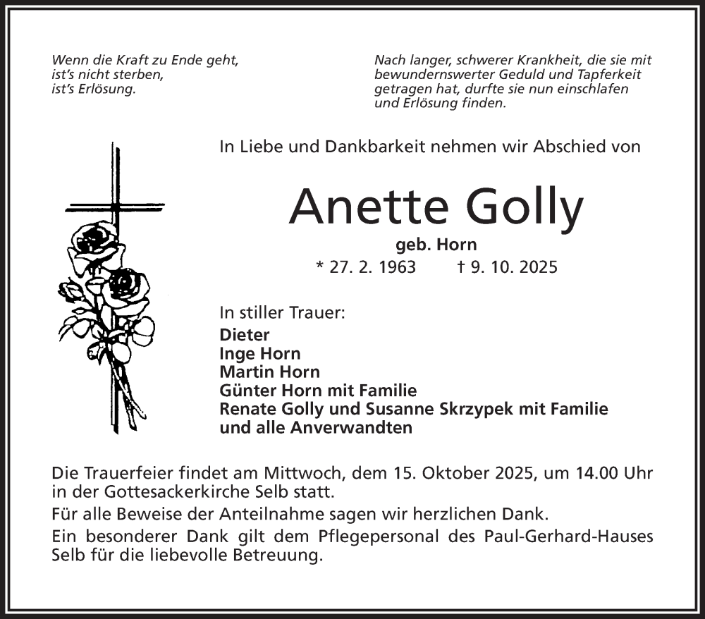  Traueranzeige für Anette Golly vom 11.10.2025 aus Frankenpost